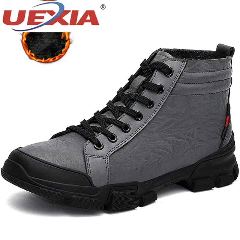 

UEXIA Winter Ankle Boot Men Boots Warm Plush Cotton Shoes Non-Slip Fashion Men Snow Boots Walking Shoes Round Toe Male Shoes