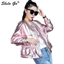 SHILO GO кожаная куртка Женская Весенняя мода Овчина натуральная кожа пальто с круглым вырезом передний карман стрейч талия металлическая розовая куртка