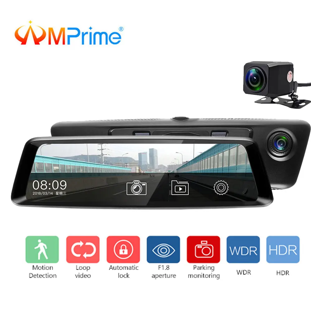 

AMPrime Car Camera 10" FHD 1080P DVRs Dual Lens Video Recorder Streaming Media Rearview Mirror Night Vision With Backup Camera