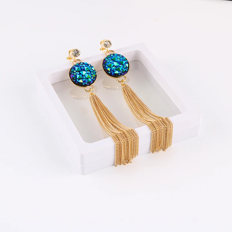 

Chain Tassel Long Clip on Earrings Gold Color Maxi Hanging Drop Ear Clips for Women with Faux Stones Bohemian Party Jewelry 2019