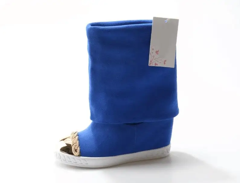 

Newest Design Blue Suede Winter Women Knee High Boots Gold Metal Chain Slip On Hidden Wedges Shoes Big Size