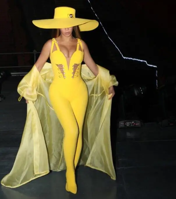 

Top Quality Ladies Sexy V Neck Yellow Bandage Jumpsuit 2019 Bodycon Designer Bandage Jumpsuit