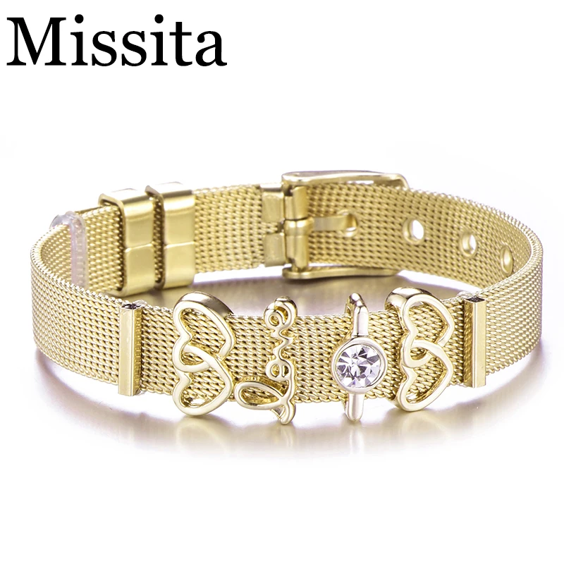 

Cuteeco European Style Pan Bracelet Stainless Steel Mesh Charm Bracelets Double Heart Beads For Women DIY Jewelry Dropship