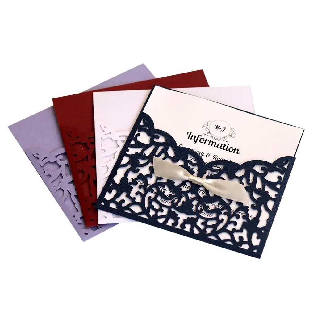  10PCS European style Laser Cut Flower with Bowknot Wedding Invitations Cards Lace Pocket Greeting C - 32909876998