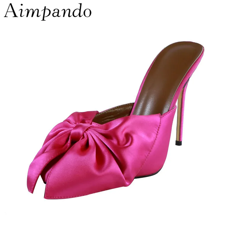 

Luxury Silk Butterfly-knot Slippers Women Thin High Heel Pointed Toe Slingback Slim Mules Big Bowknot Spring Outwear Shoes Woman