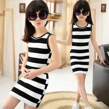 

Girls Black and White Striped Dress 2020 Summer Cotton Sundresses Fashion Children Clothing Kids Vest Dresses for Teenage Girls