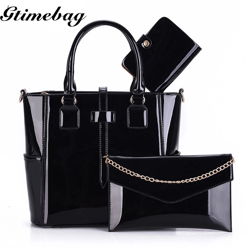 

GTIMEBAG 3 Set Composite bag female PU leather patent women handbag fashion solid black Messenger bolsa feminina-PXQBAG324