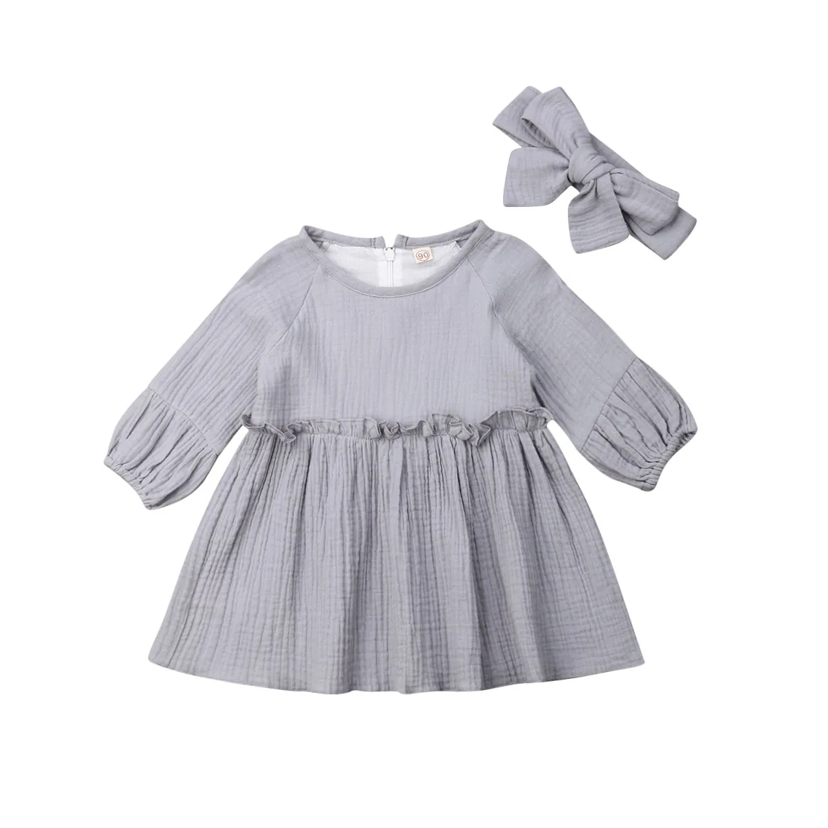 

New 2Pcs Autumn Toddler Baby Kids Girls Solid Clothes Long Sleeve Sundress Cotton Linen