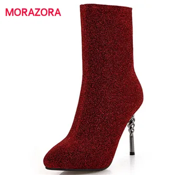 

MORAZORA big size slip on ankle boots for women fashion pointed toe super high heel ladies boots autumn winter short plush boots