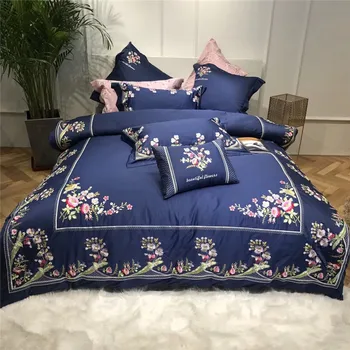 

Blue Luxury 60S Egyptian cotton Flowers Embroidery Bedding Set Queen King Size Duvet Cover Bed Sheet/Linen Pillowcases 4/7pcs