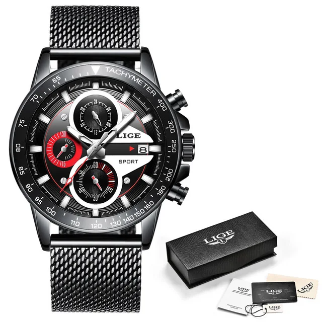 LIGE Модные Кварцевые спортивные часы для мужчин бизнес полностью стальные часы для мужчин s часы лучший бренд класса люкс водонепроницаемые часы Relogio Masculino - Цвет: All black M