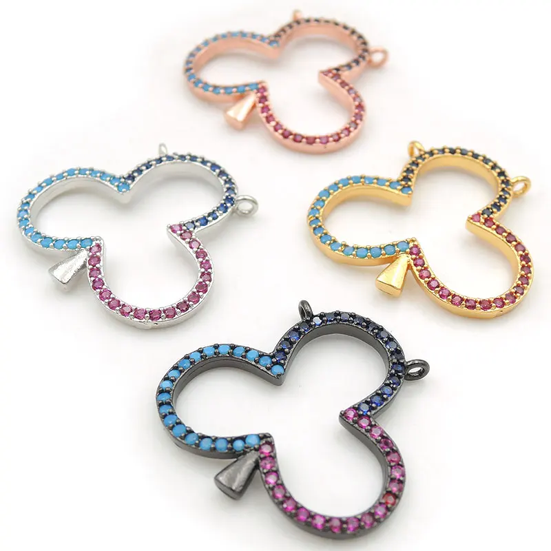 

23*25*2mm Micro Pave Kallaite&Red&Blue CZ Clover Charm Of Double Circles Fit For Women As Necklaces Accessory