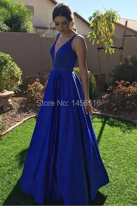 vestido de fiesta 2018 V-neck A-line Royal Blue Prom Dresses Long (1)