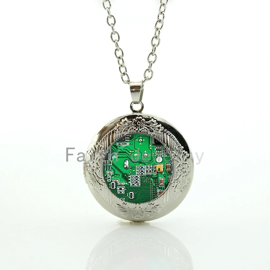 

Trendy Computer Green Circuit Board picture locket necklace personalized computer geek pendant jewelry nerd accessories HH227