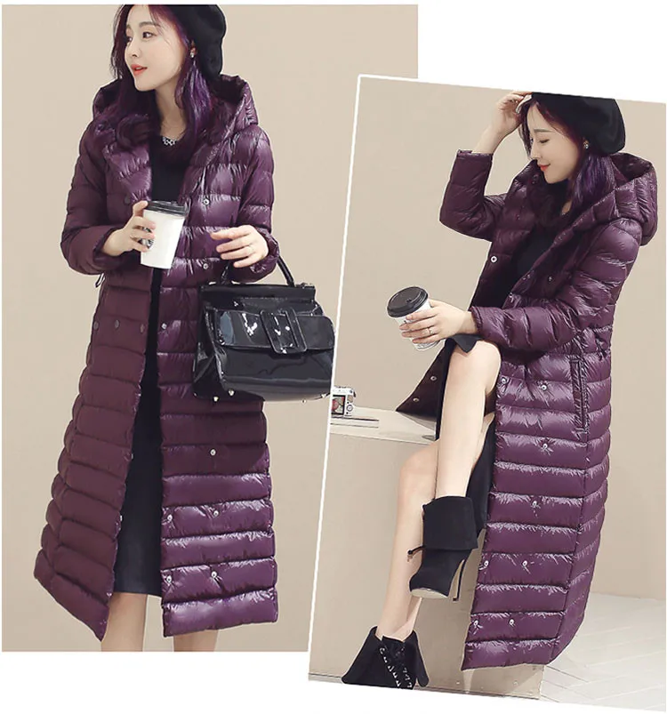Женская куртка на утином пуху, осенне-зимняя длинная пуховая парка с поясом, женские пальто с капюшоном, ультралегкое пальто, верхняя одежда, большие размеры 1057
