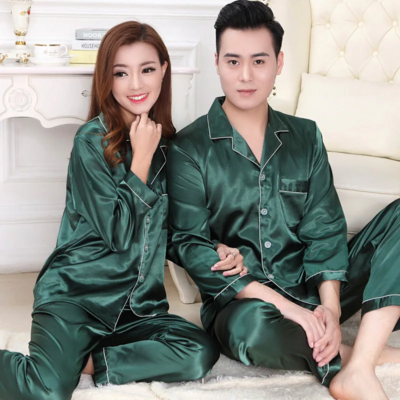 

Lovers Sleepwear Women Silk Satin Pajama Set Or Men Pijama Set Long Sleeve Pyjama Set For Spring Autumnb Green White