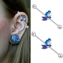 1 قطعة 1.6x38x5 مللي متر الفولاذ المقاوم للصدأ الأزرق حورية البحر الأسماك طويل مستقيم الصناعية الحديد خواتم الزنمة الأذن ثقب بار مجوهرات للجسم(China)