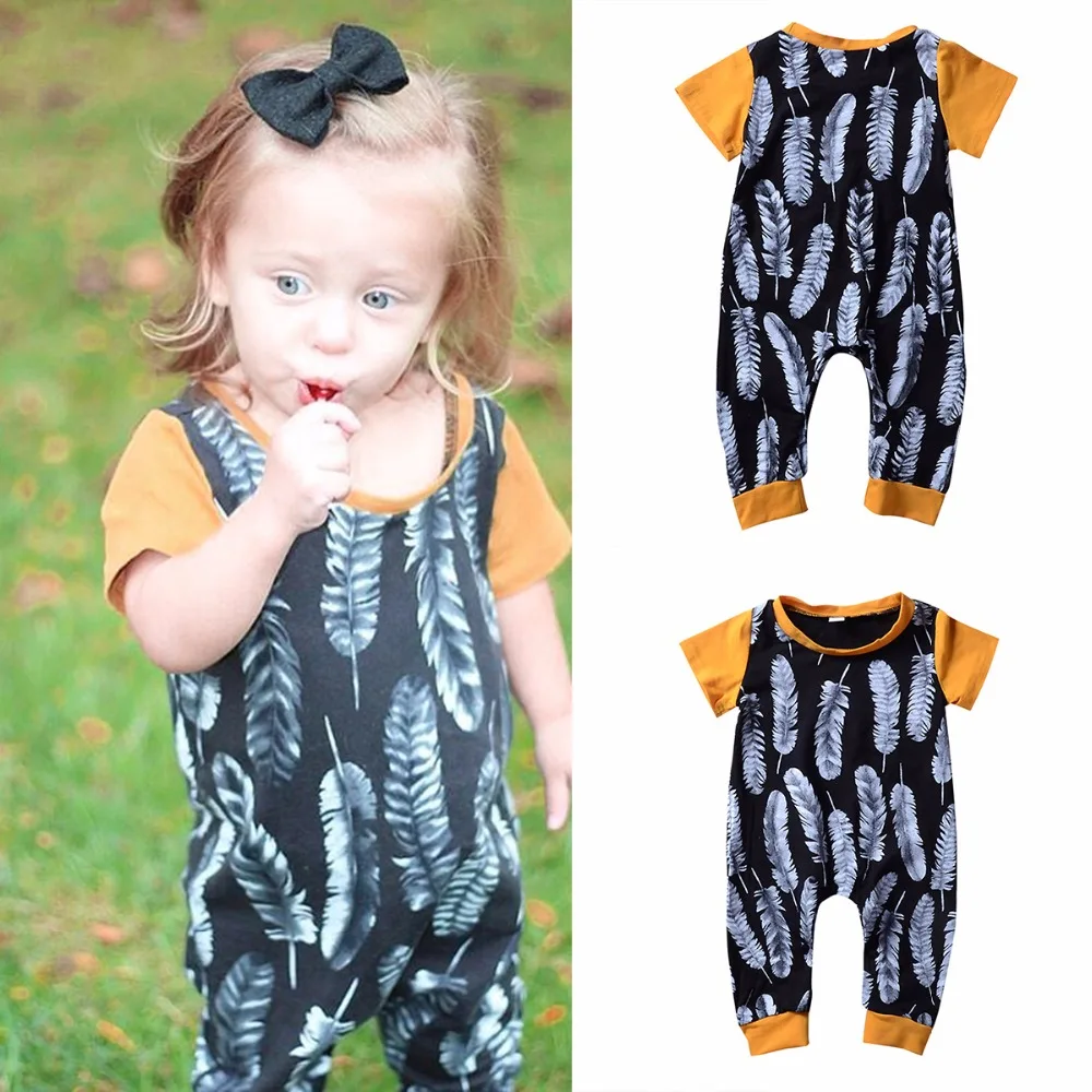 Puseky 0 24M Infant Newborn Feather Print Overall Rompers Short Sleeves
