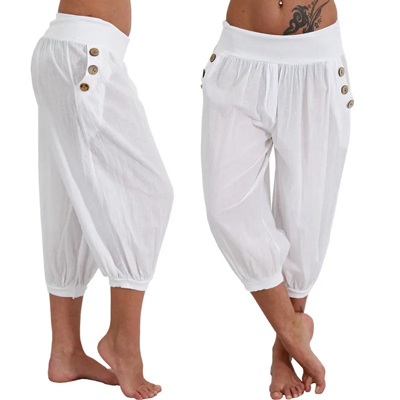 

Plus Size 5XL 2018 Women Summer Capris Trousers Pocket Solid Harem Pants Loose Elastic Waist Knee Length Trousers