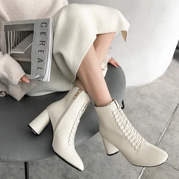 INS HOT women Ankle boots Genuine Leather 22-26.5 cm feet length boots for women Pointed toe Chelsea boots high heel boots 2018 new winter fashion pointed toe lace up genuine leather print flower zip rivets women ankle boots thick heel chelsea boots l