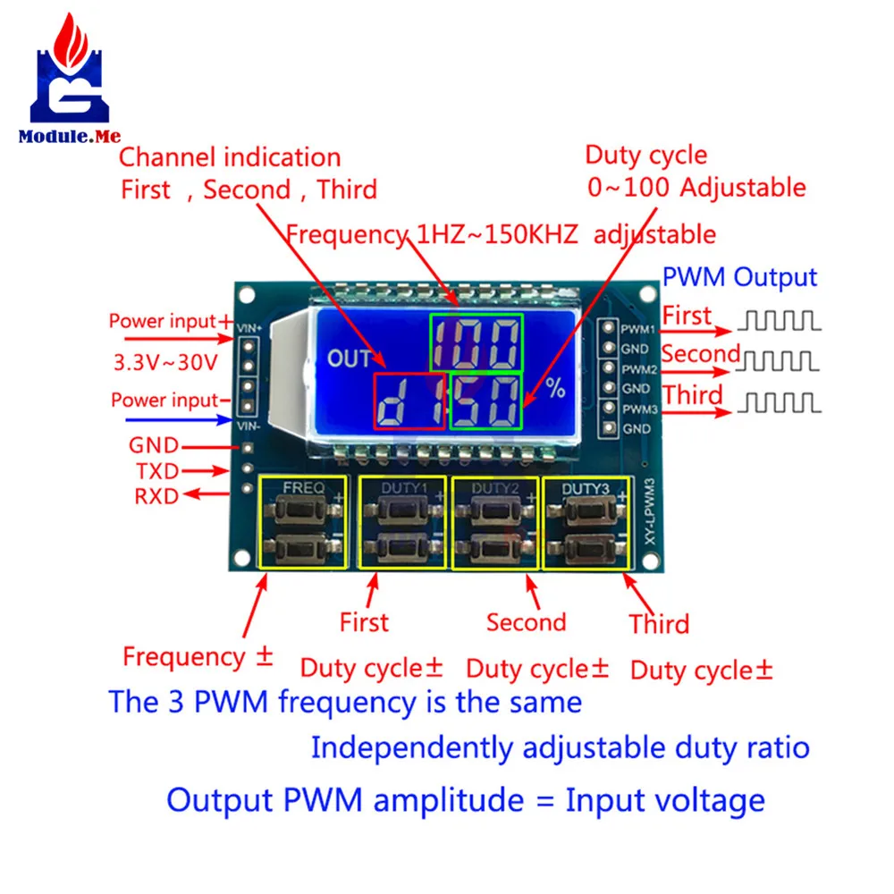 

DC 3.3 -30 V 3 Channel Frequency 1 Hz -150 KHz Duty Cycle 0 -100 Adjustable Meter PWM Signal Generator with LCD Display Meter
