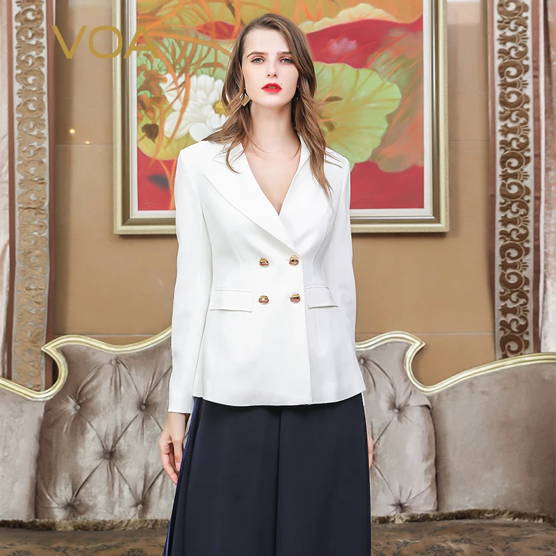 VOA Heavy Silk White Blazers Women Office Work Ladies Formal Coat Fall