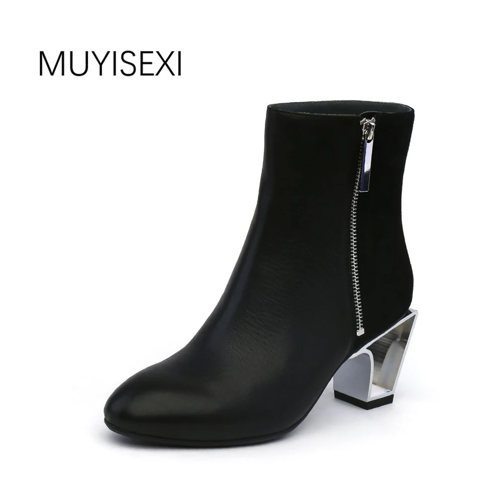 

MUYISEXI Women Boots Genuine Leather Autumn Boots For Women Zip Metal Fretwork Heels Ankle Boots Khaki Black Plus Size HL07