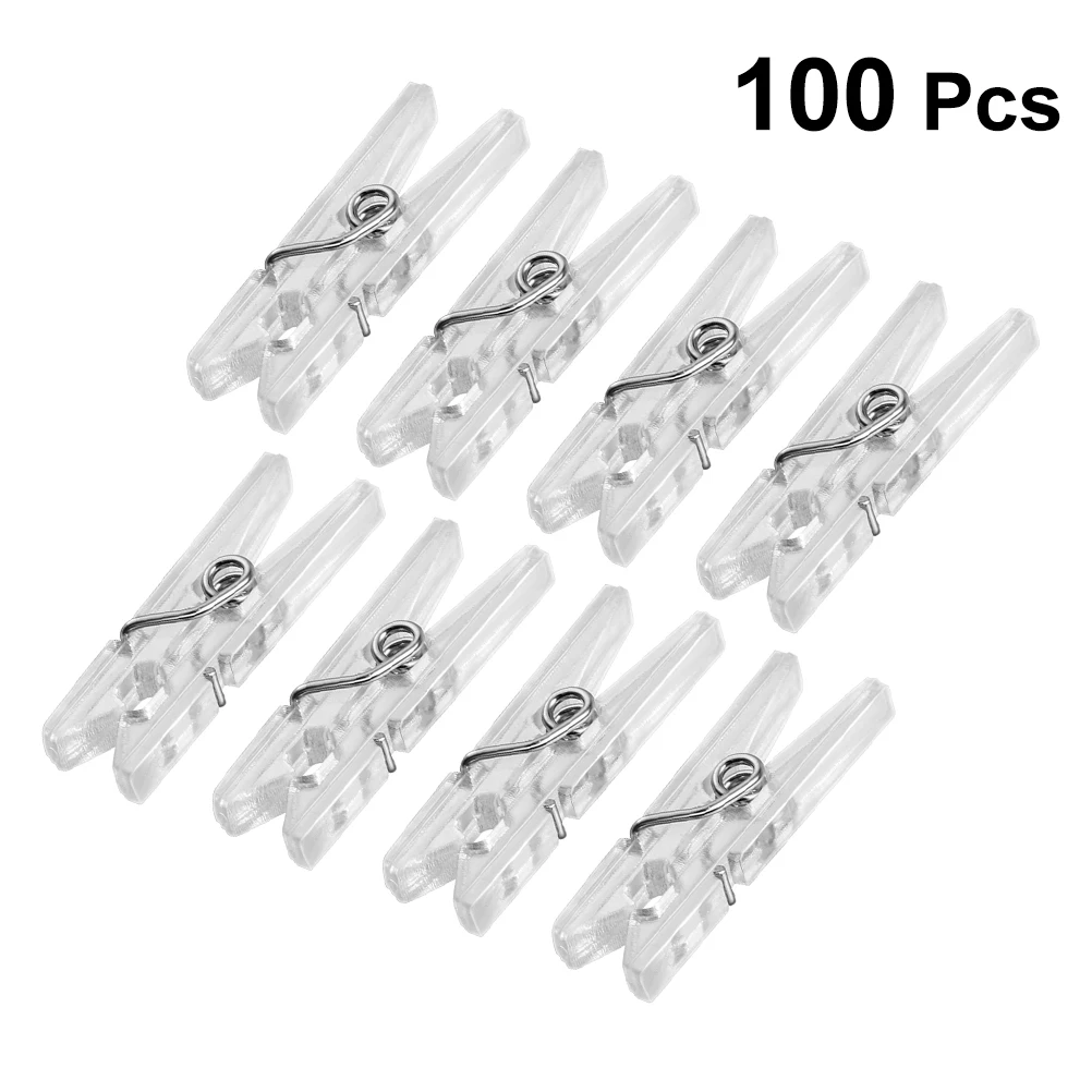 

100pcs Transparent Clips Clamps Clips Clothes Spring Hanging Plastic Clamp Line Clips Clothespins for Photos Cloth Paper