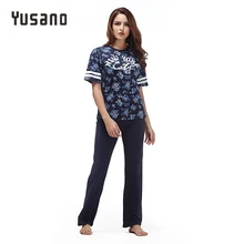 Yusano Лето г. Для женщин Хлопковая пижама в полоску пижамы О-образным вырезом короткий рукав принтом Домашняя одежда Пижама, взрослых пижамы