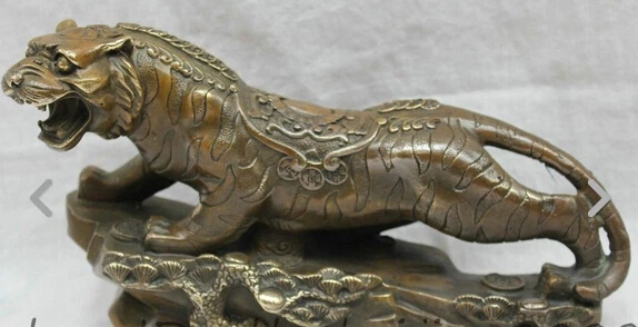 

wan67012+++10" Chinese Bronze Wealth Coin Tiger Statue On Pine Tree Hill Animals Sculpture