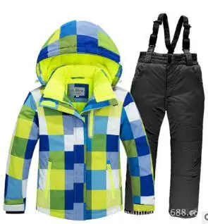 Детская зимняя парка для катания на лыжах для мальчиков и девочек, куртка, нагрудник снег, зимний комплект, теплый зимний комбинезон, лыжная куртка с капюшоном+ штаны, комплект из 2 предметов - Цвет: Многоцветный