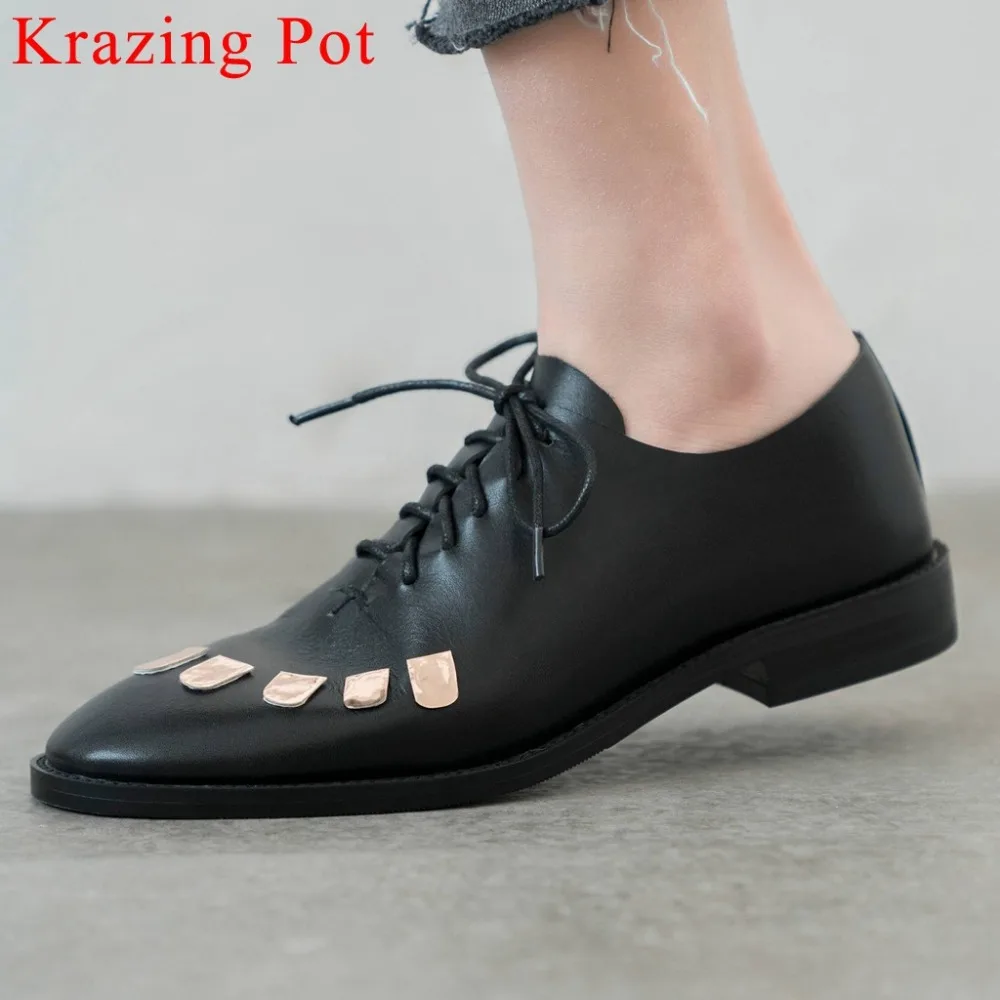 

Krazing Pot concise style handmade soft genuine leather metal decoration lace up low heels British school dating women pumps L15