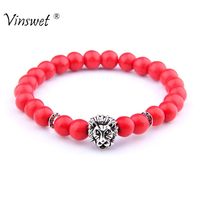 

Wholesale Antique Owl Leo Lion Head Bracelet Red Turquoises Stone Beaded Bracelets for Men Women Pulseras Hombre