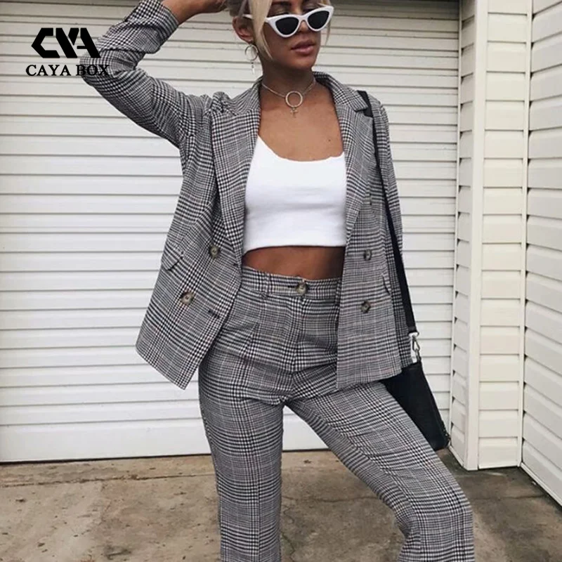 Fall 2018 Fashion Business Plaid Blazer and Pants Suits Elegant Women Suits Office Sets 2 Pieces Women Blouse Set Long Pants