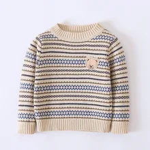 Детский свитер, новинка года, осенне-зимний вязаный кардиган, пальто для мальчиков и девочек, Полосатые свитера с длинными рукавами и вышивкой медведя для детей