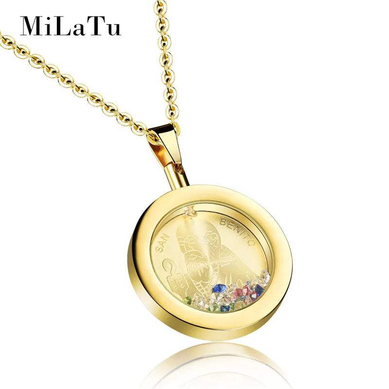 

Wholesale San Benito Pendant Necklace For Women Stainless Steel Colorful Cubic Zirconia Necklace Religious Prayer Jewelry NE129G