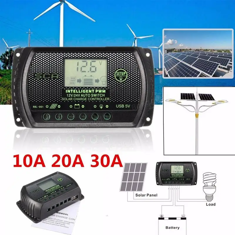24 V 12 V Панели солнечные Батарея Контроллер заряда 30A 20A Регулятор солнечной батареи Дисплей Солнечный коллекторный регулятор