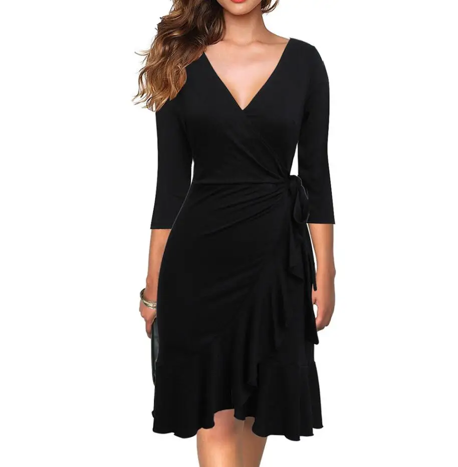 6086 Black Berydress, сексуальное облегающее платье с v-образным вырезом, Бордовое платье с оборками, рукав три четверти, с поясом, повседневные, вечерние, черное, с запахом, платье до колен - Цвет: 6086 Black