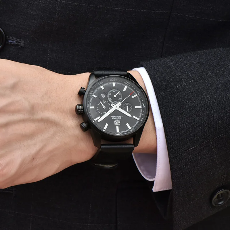  BENYAR Luxury Brand Military Watch Men Quartz Analog Clock Leather Strap Clock Mens Sports Watches 