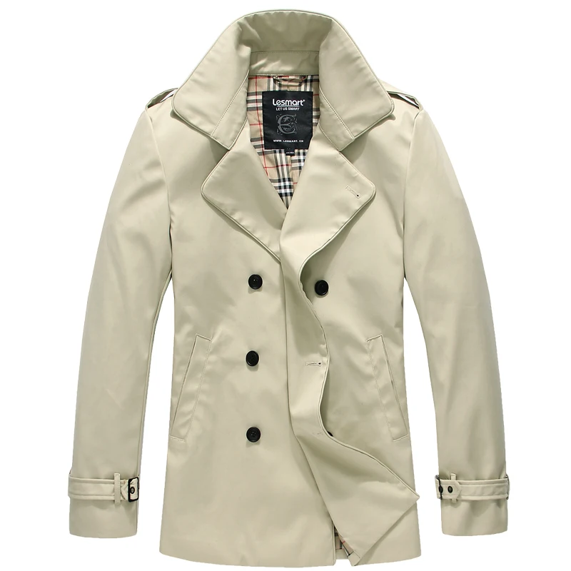Lesmart Men's Trench Coat Cotton Polyester Fashion Business Casual Solid Double Breasted Long