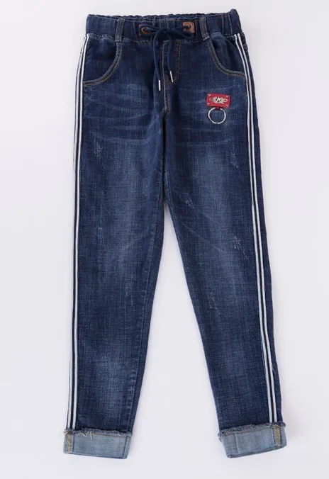 Осенние джинсы для мальчиков и женщин с высокой талией размера плюс, Стрейчевые женские джинсовые штаны-шаровары с боковыми полосками, женские джинсы с потертостями