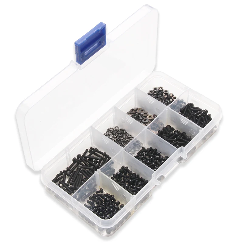 

600Pcs Round Pan Head Black Carbon Steel Screws Set M2*4/5/6/8/10/12 Hex Socket Head Cap Screw Flat Pad Washers Spring Kit