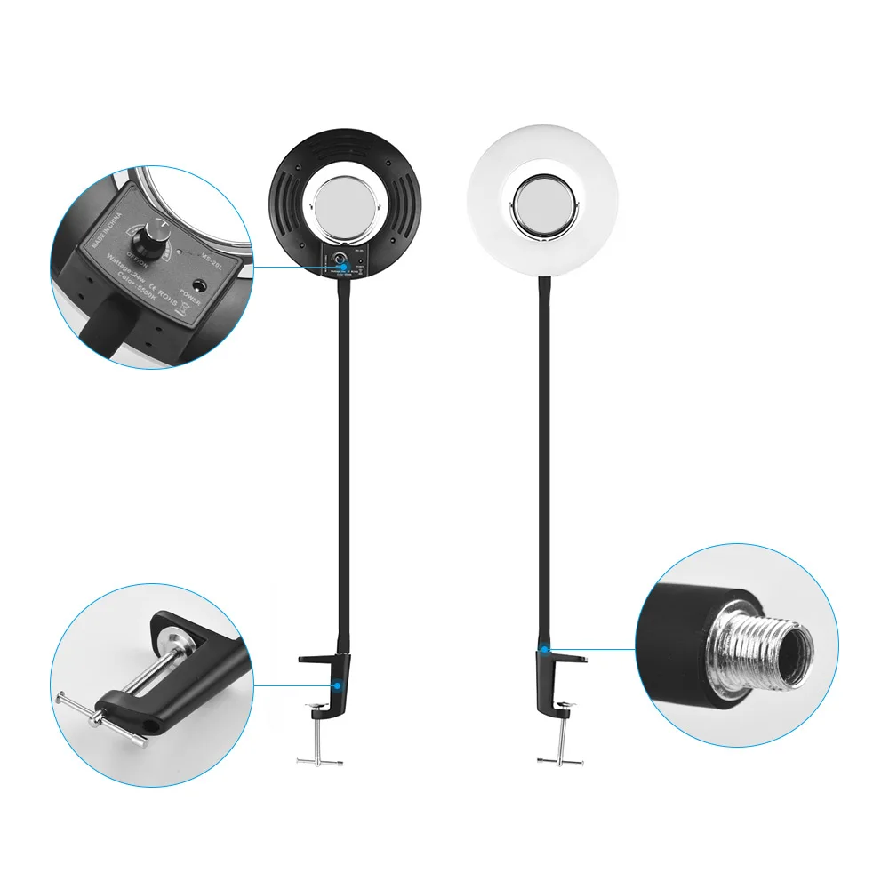 Tabletop 5500K LED Ring Video Light 24W Dimmable Fill Light with Makeup Mirror Deskclip Bendable Pole for Photo Video Lighting