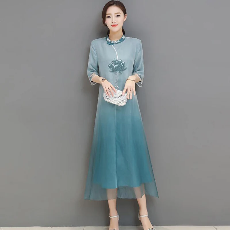 

Elegent Woman Natural Silk Dress Chinese Style Three Quarter Sleeve Woman Floral Embroidery A-Line Female Summer Women Dress XXL