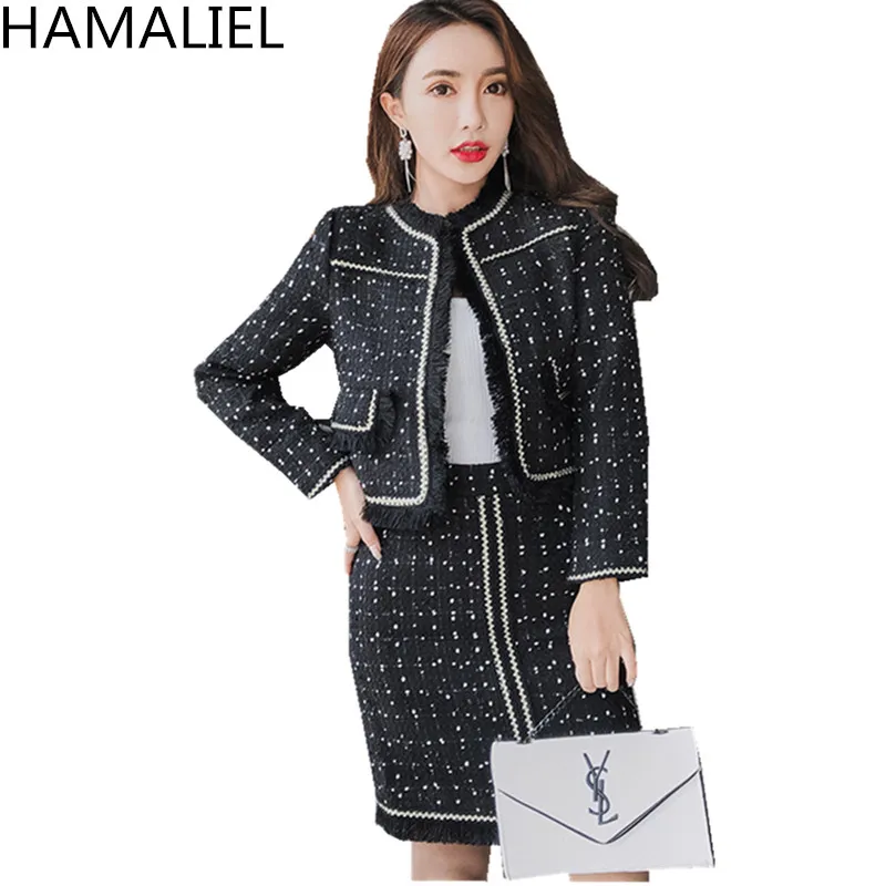 New Autumn Winter Women 2 Piece Set Black Tweed Blends