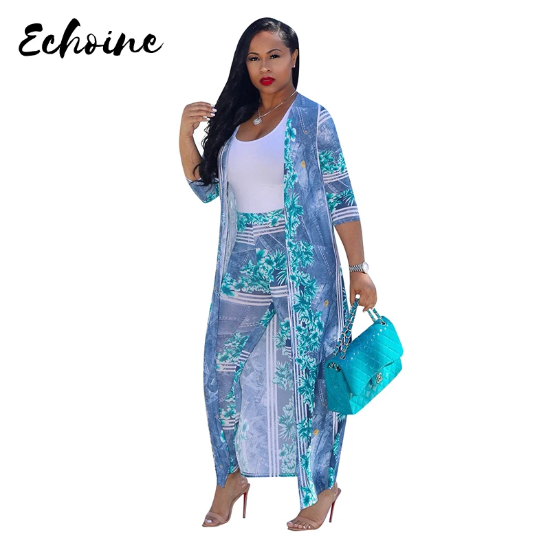 

Echoine Women Floral Print Autumn Spring 2 Two Piece Set Long Sleeve Cardigan Coat Skinny Pants Leggings Casual Outfit Tracksuit