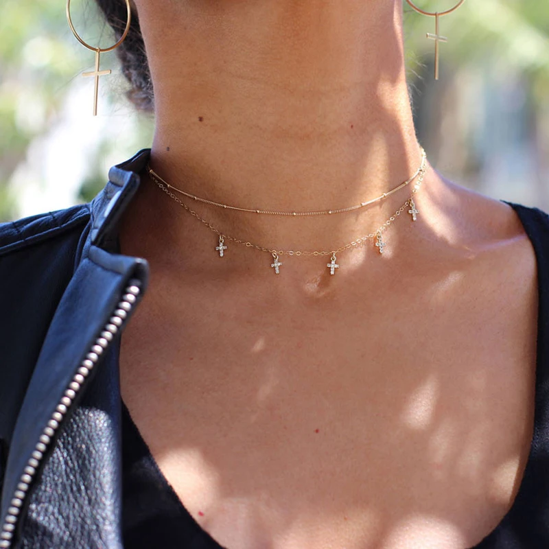 

Women Classic Mosaic Crystal Cross Beads Chain Pendant Tassel Clavicle Necklace Set Personality Girl Party Jewelry