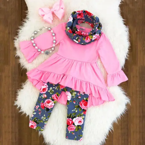 

Infant Baby Girls Clothes Sets Baby Boy Girl Long Flare Tops Falbala Tops And Floral Pants Headband Outfit Baby Clothing