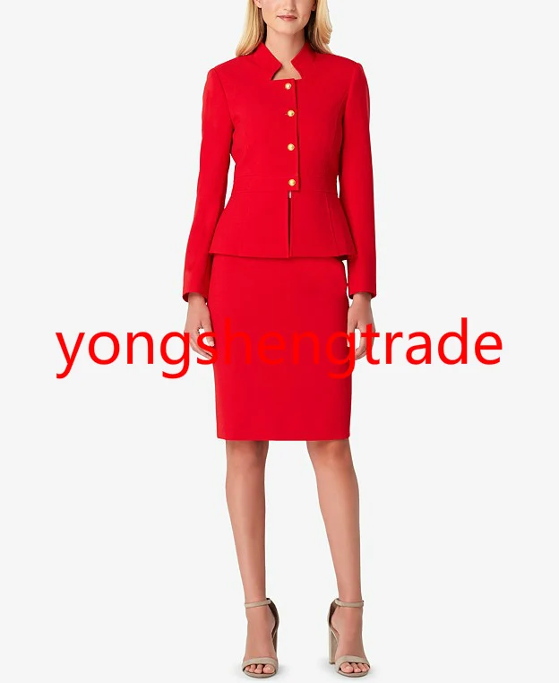Брендовый женский костюм на заказ Красная дамская офисная юбка, костюм куртка с воротником-стойкой и юбка на подкладке длиной до колена 162