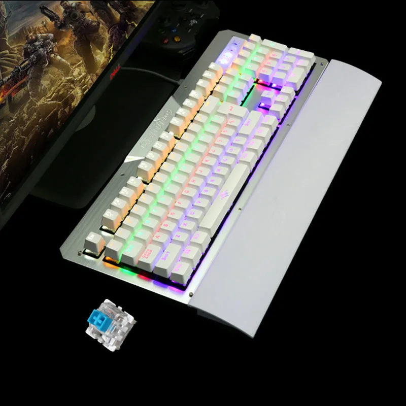 KuWFi Pro механическая клавиатура анти-ореолы USB Проводная цветная подсветка металлическая панель синий светильник игровая клавиатура для ПК - Цвет: Белый